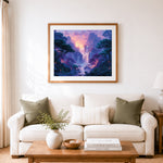 Finished magical mountain waterfall cross stitch artwork displayed as home decor