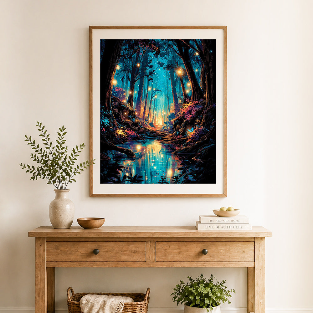 Finished magical night forest cross stitch artwork displayed as home decor