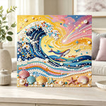 Finished magical ocean wave art pearl diamond painting artwork displayed as home decor