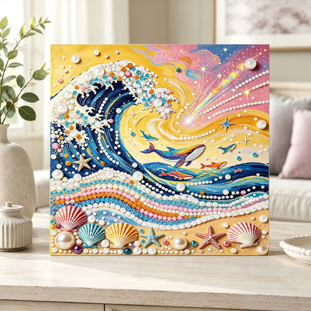 Finished magical ocean wave art pearl diamond painting artwork displayed as home decor