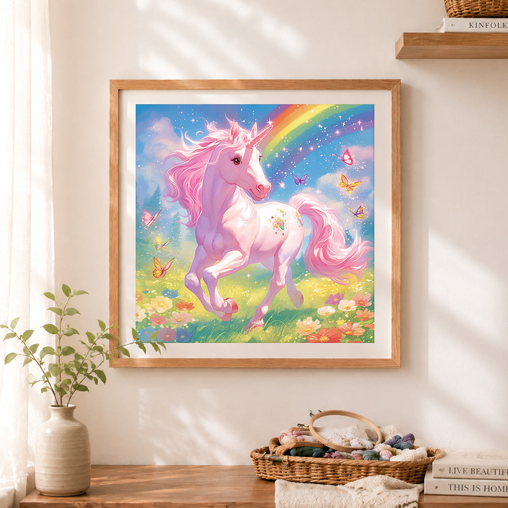 Finished magical pink unicorn with rainbow cross stitch artwork displayed as home decor