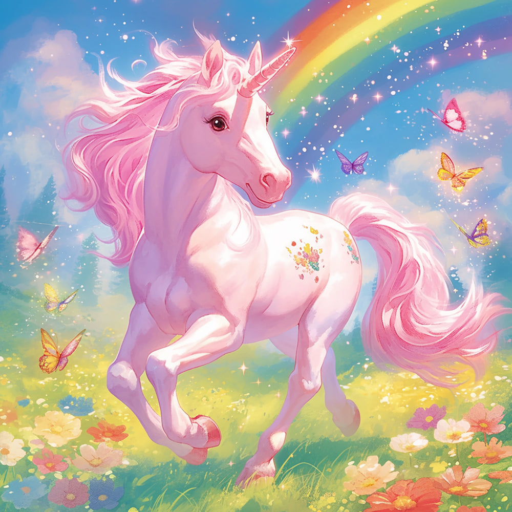 Magical pink unicorn with rainbow cross stitch kit for beginners