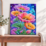 Finished magical poppies and butterfly pearl diamond painting artwork displayed as home decor