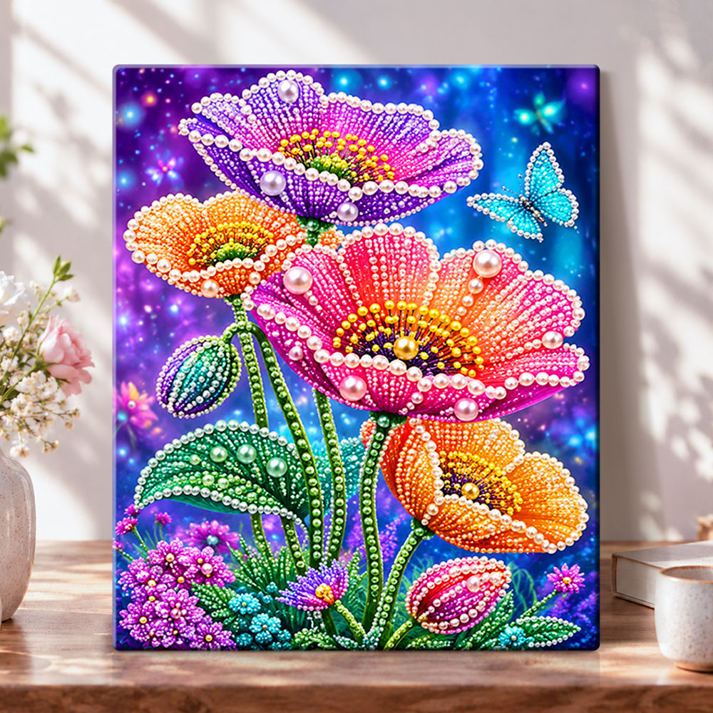 Magical poppies and butterfly pearl diamond painting kit for beginners