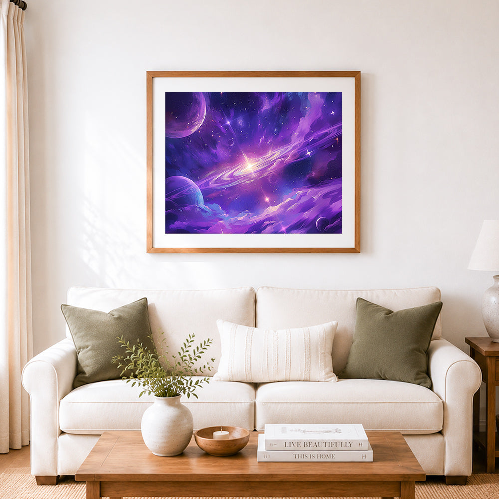 Finished magical purple cosmic galaxy cross stitch artwork displayed as home decor