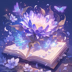 Magical purple flower blooming from open book cross stitch kit for beginners