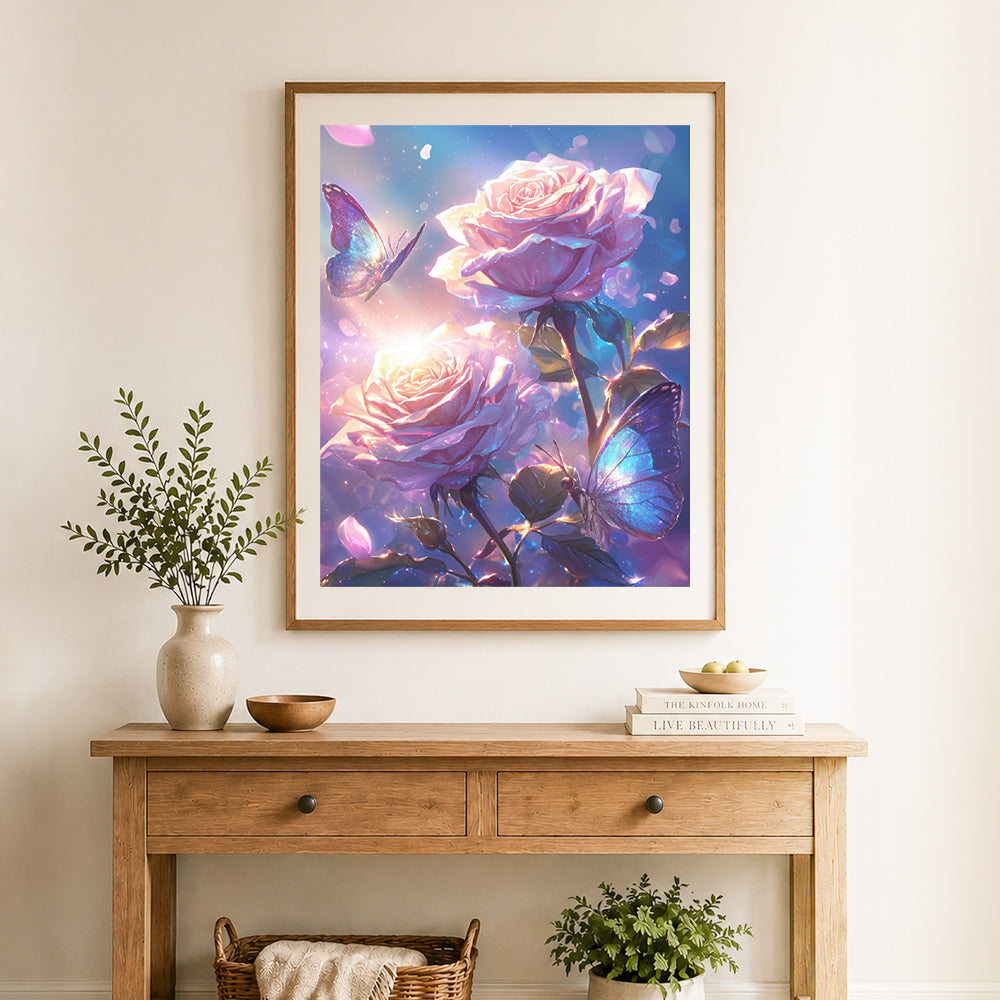 Finished magical roses and butterflies cross stitch artwork displayed as home decor