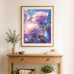 Finished magical roses and butterflies cross stitch artwork displayed as home decor