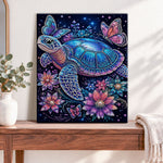 Finished magical sea turtle with butterflies pearl diamond painting artwork displayed as home decor