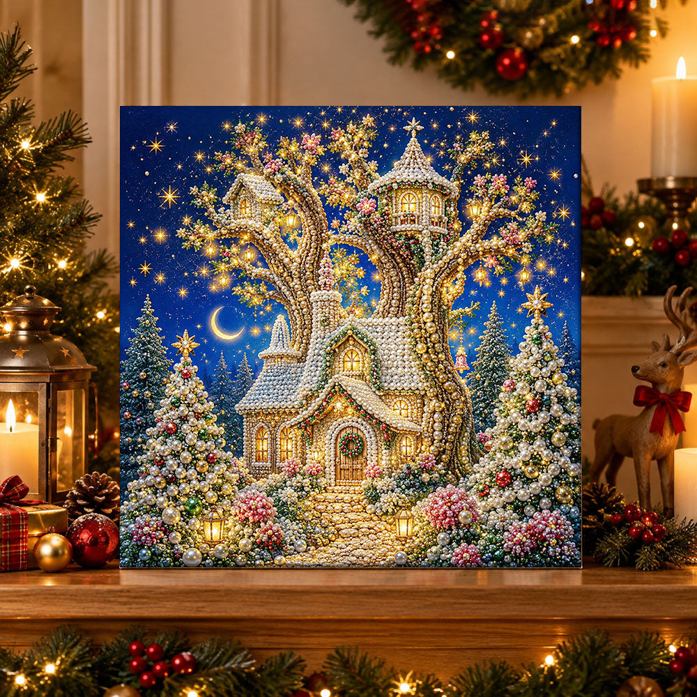 Finished magical treehouse in christmas forest pearl diamond painting artwork displayed as holiday home decor