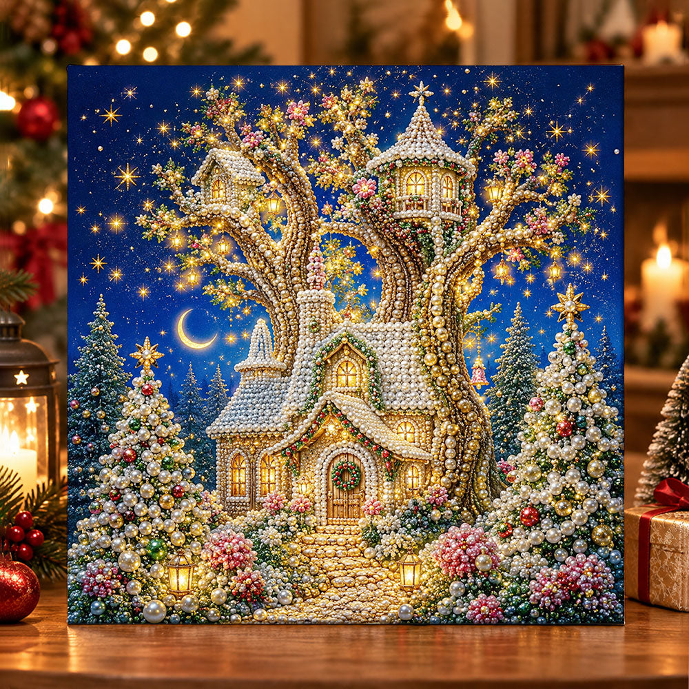 Magical treehouse in christmas forest pearl diamond painting kit for beginners