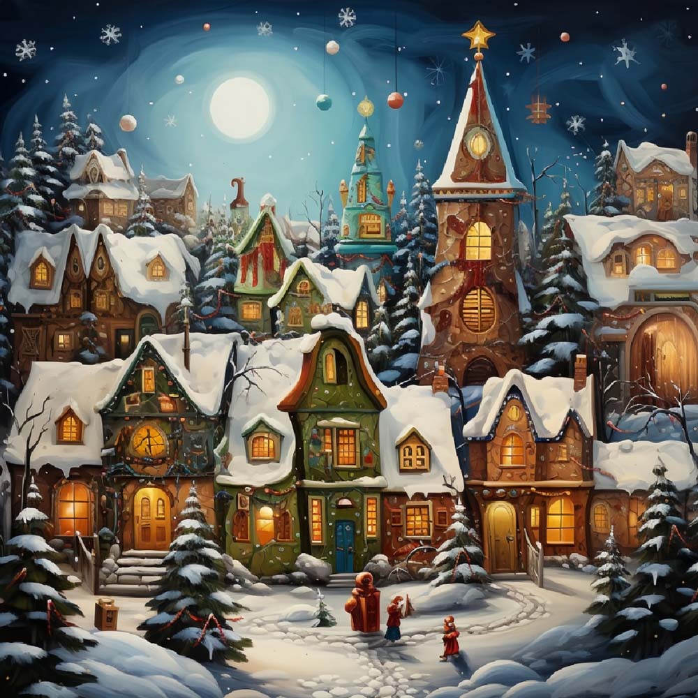 Magical winter town cross stitch kit for beginners