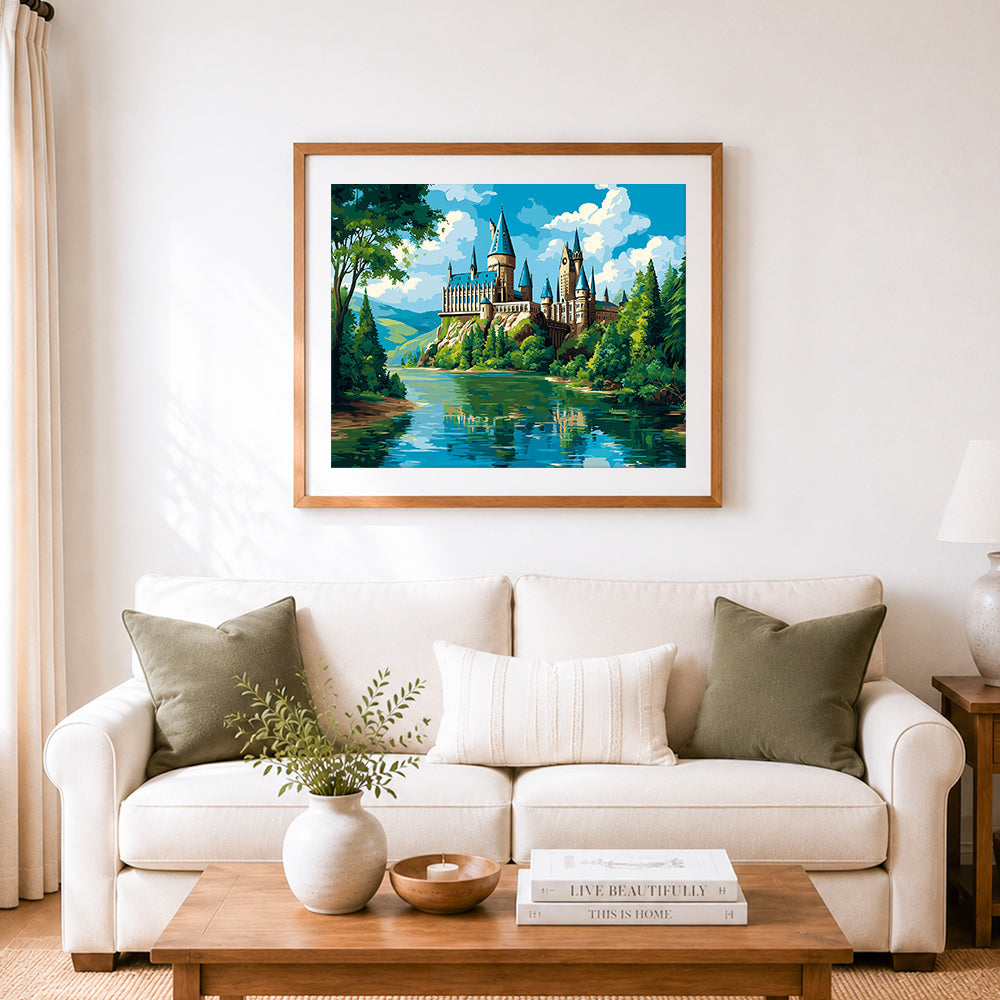Finished magical wizard castle cross stitch artwork displayed as home decor