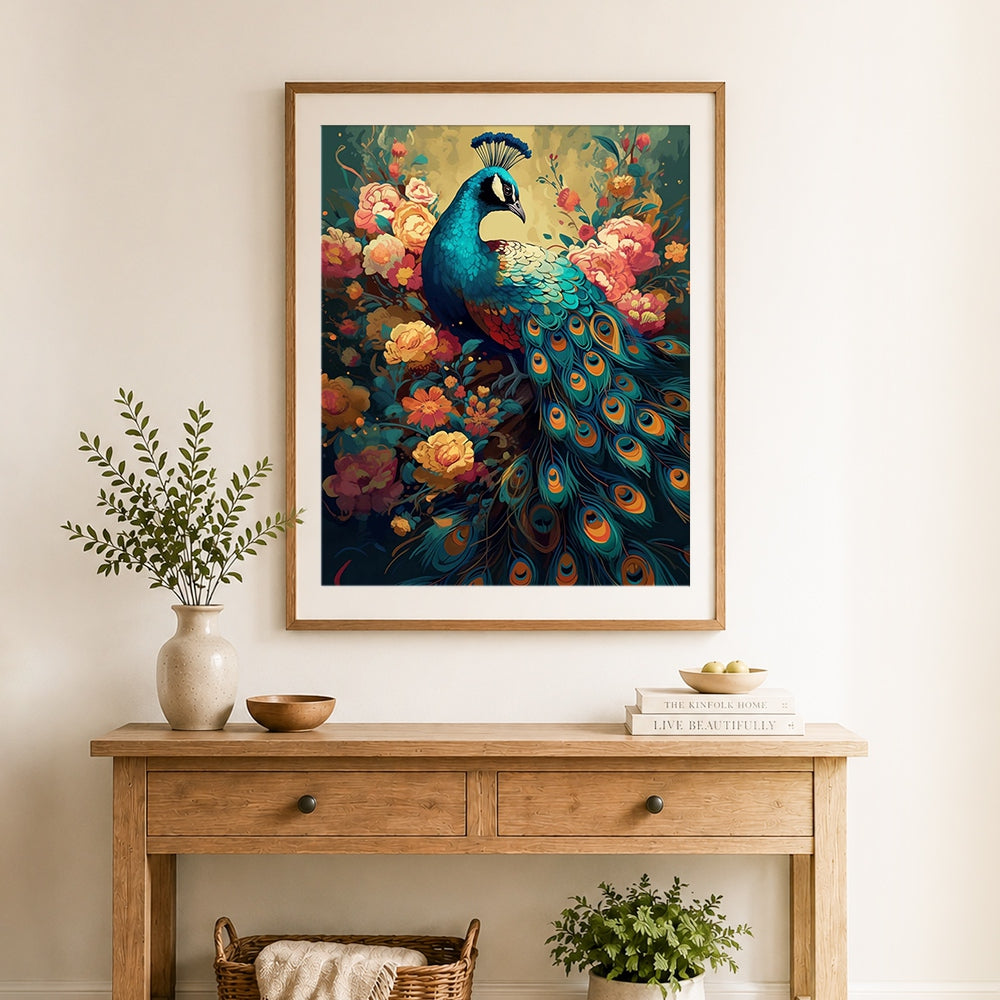Finished magnificent green peacock among pink peonies cross stitch artwork displayed as home decor