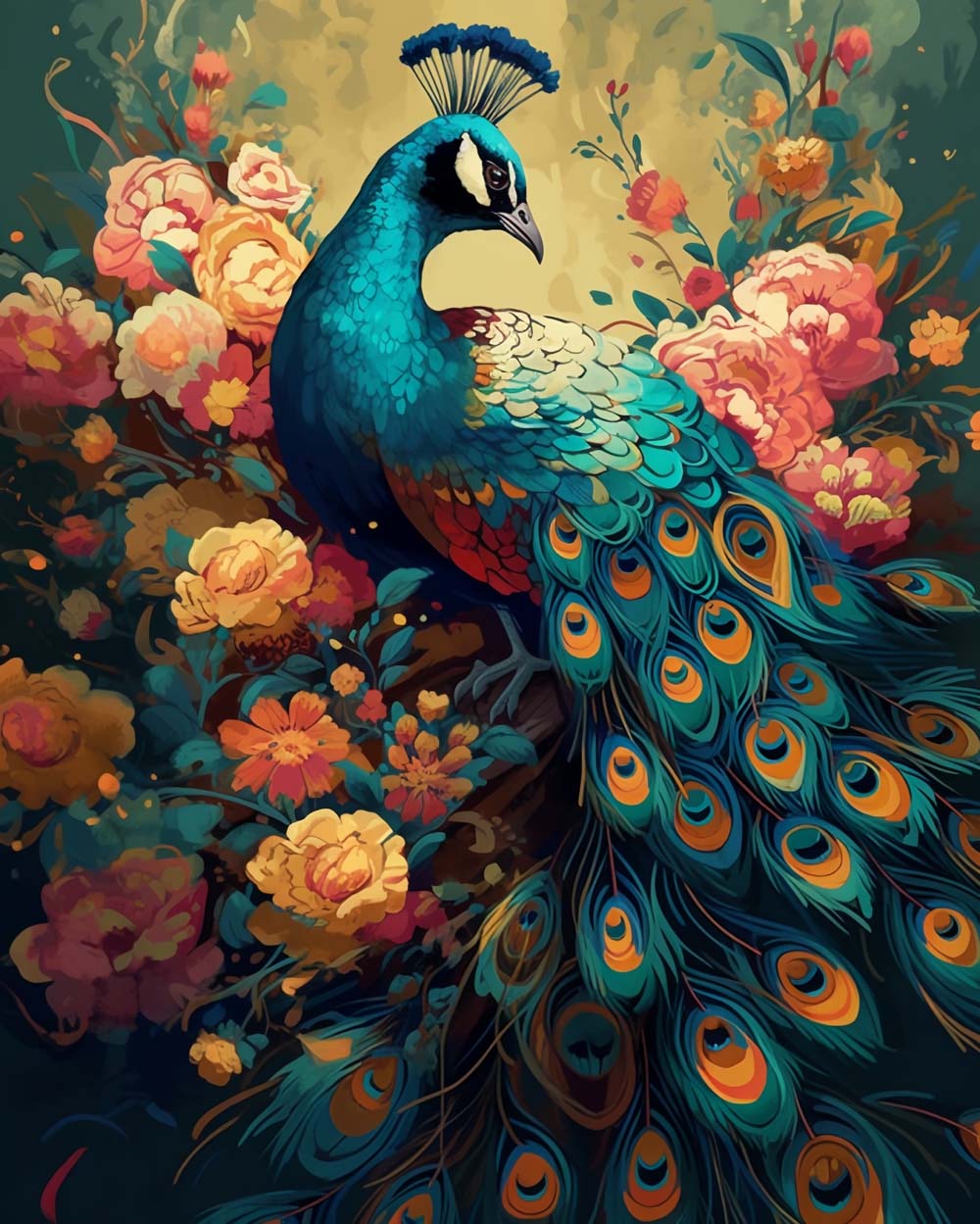 Magnificent green peacock among pink peonies cross stitch kit for beginners