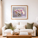 Finished magnolia in glass vase cross stitch artwork displayed as home decor