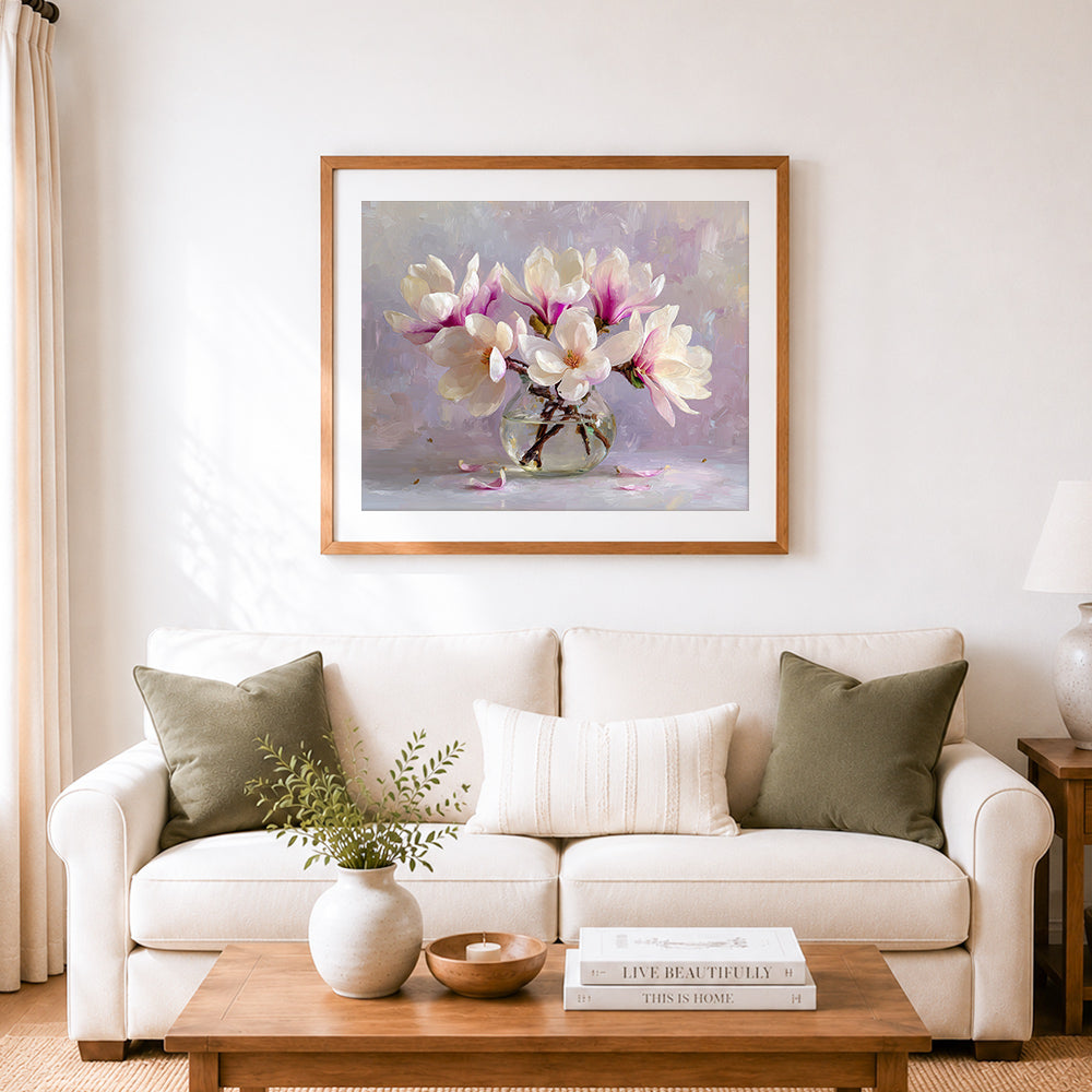 Finished magnolia in glass vase cross stitch artwork displayed as home decor