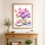 Finished magnolia vase art cross stitch artwork displayed as home decor