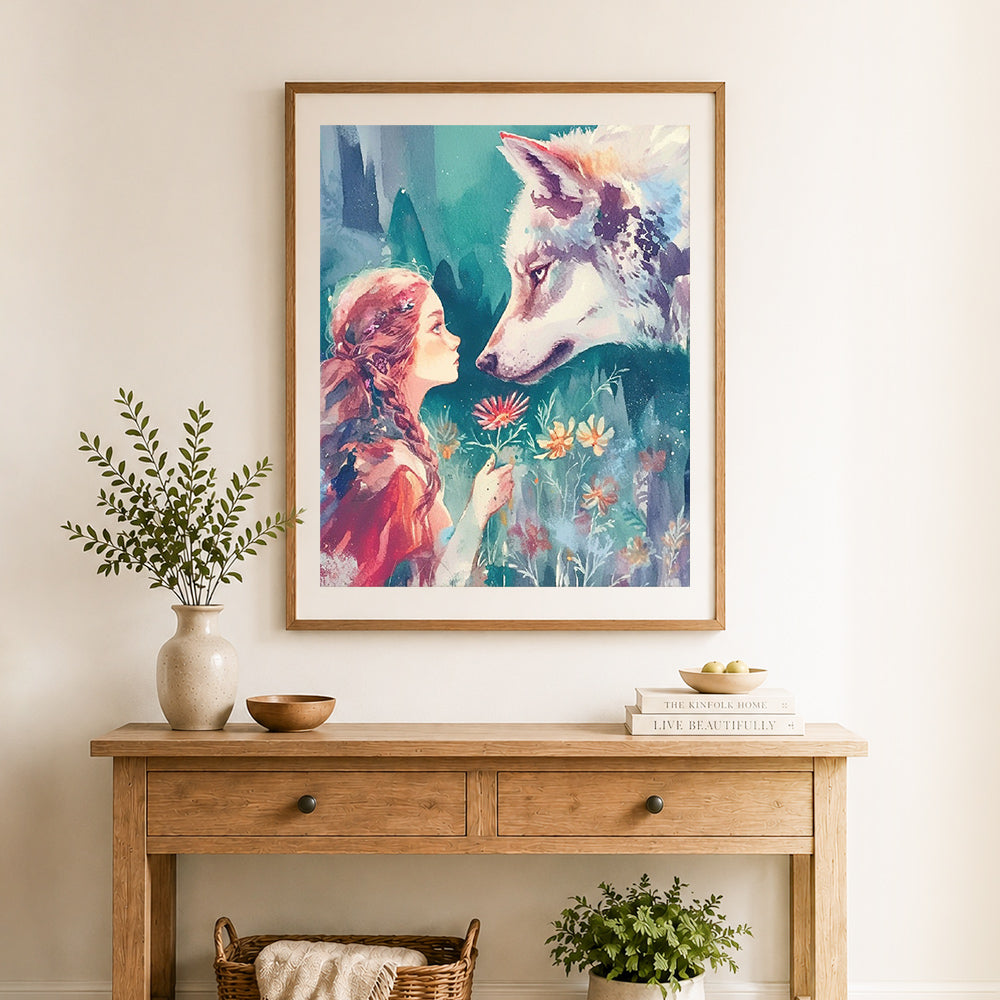 Finished maiden and white wolf in woods cross stitch artwork displayed as home decor