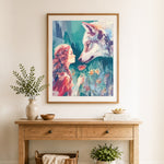 Finished maiden and white wolf in woods cross stitch artwork displayed as home decor