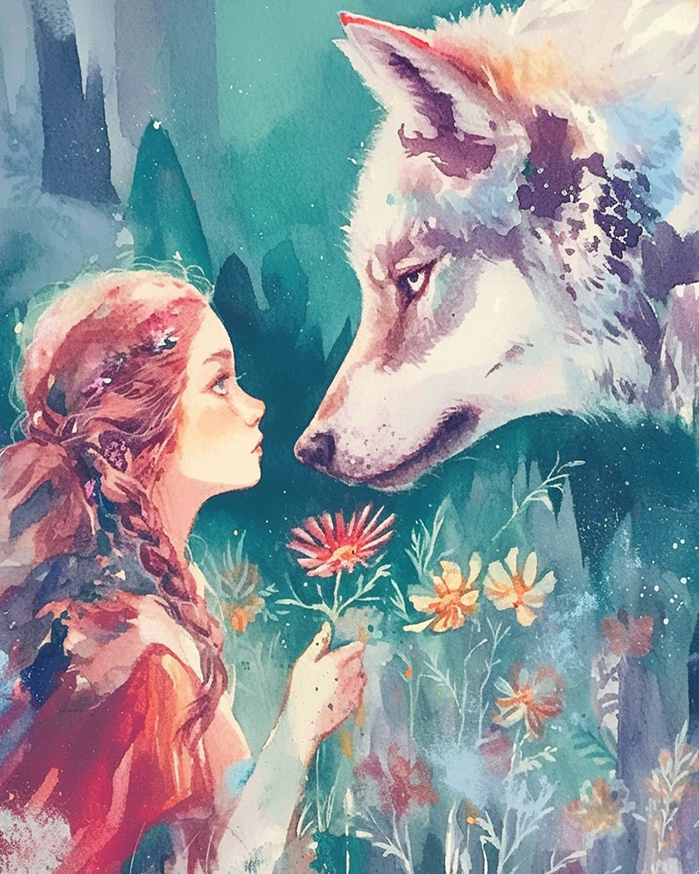 Maiden and white wolf in woods cross stitch kit for beginners