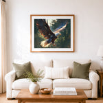 Finished majestic bald eagle soaring in sunlight cross stitch artwork displayed as home decor