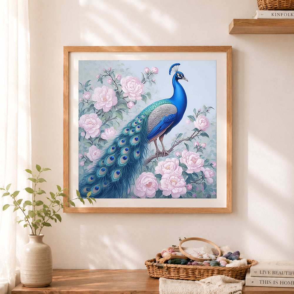 Finished majestic blue peacock and pink peonies cross stitch artwork displayed as home decor