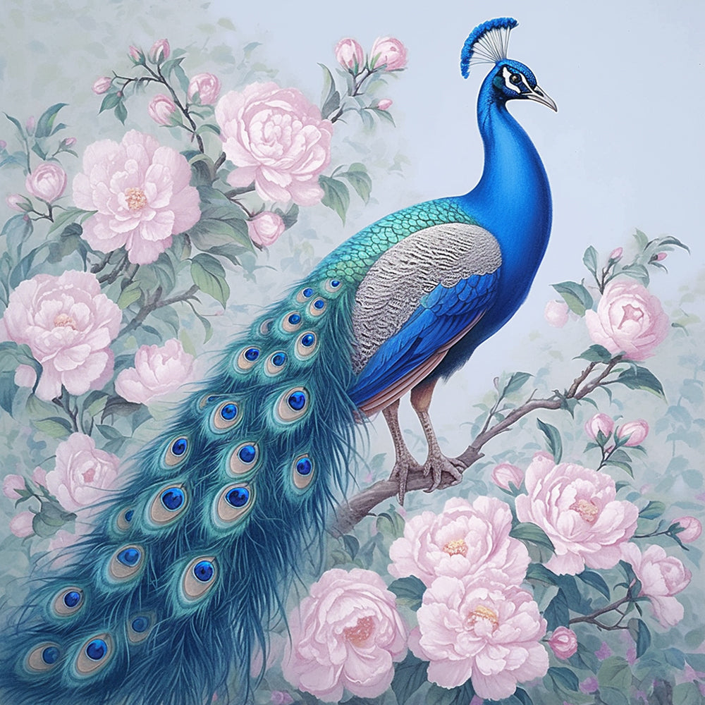 Majestic blue peacock and pink peonies cross stitch kit for beginners