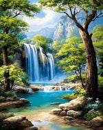 Majestic blue waterfall in forest canyon cross stitch kit for beginners