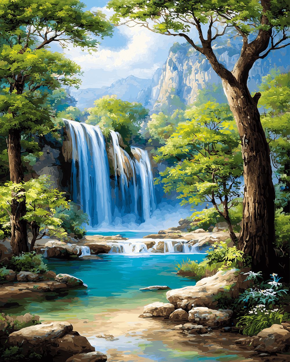 Majestic blue waterfall in forest canyon cross stitch kit for beginners