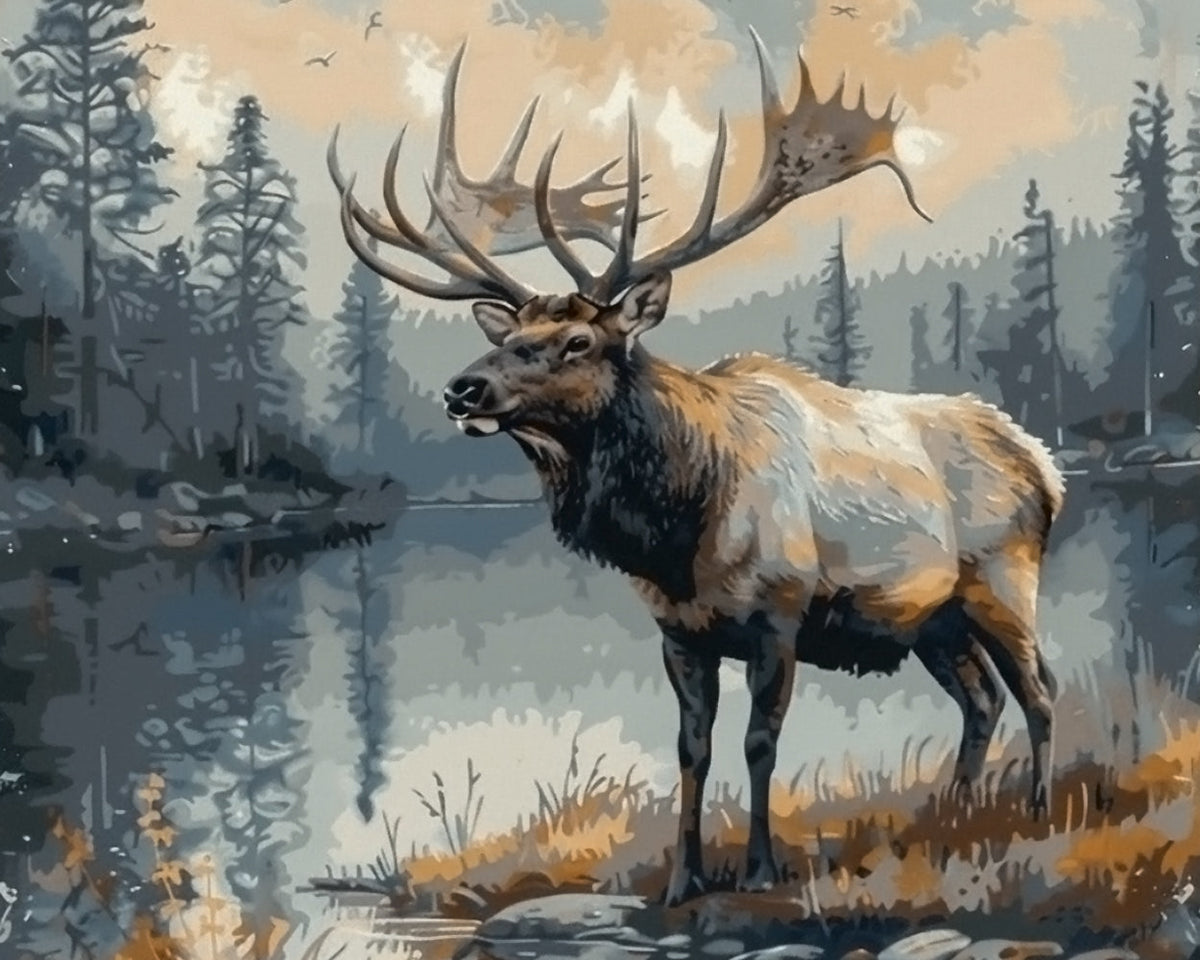 Majestic bull elk by the lake cross stitch kit for beginners