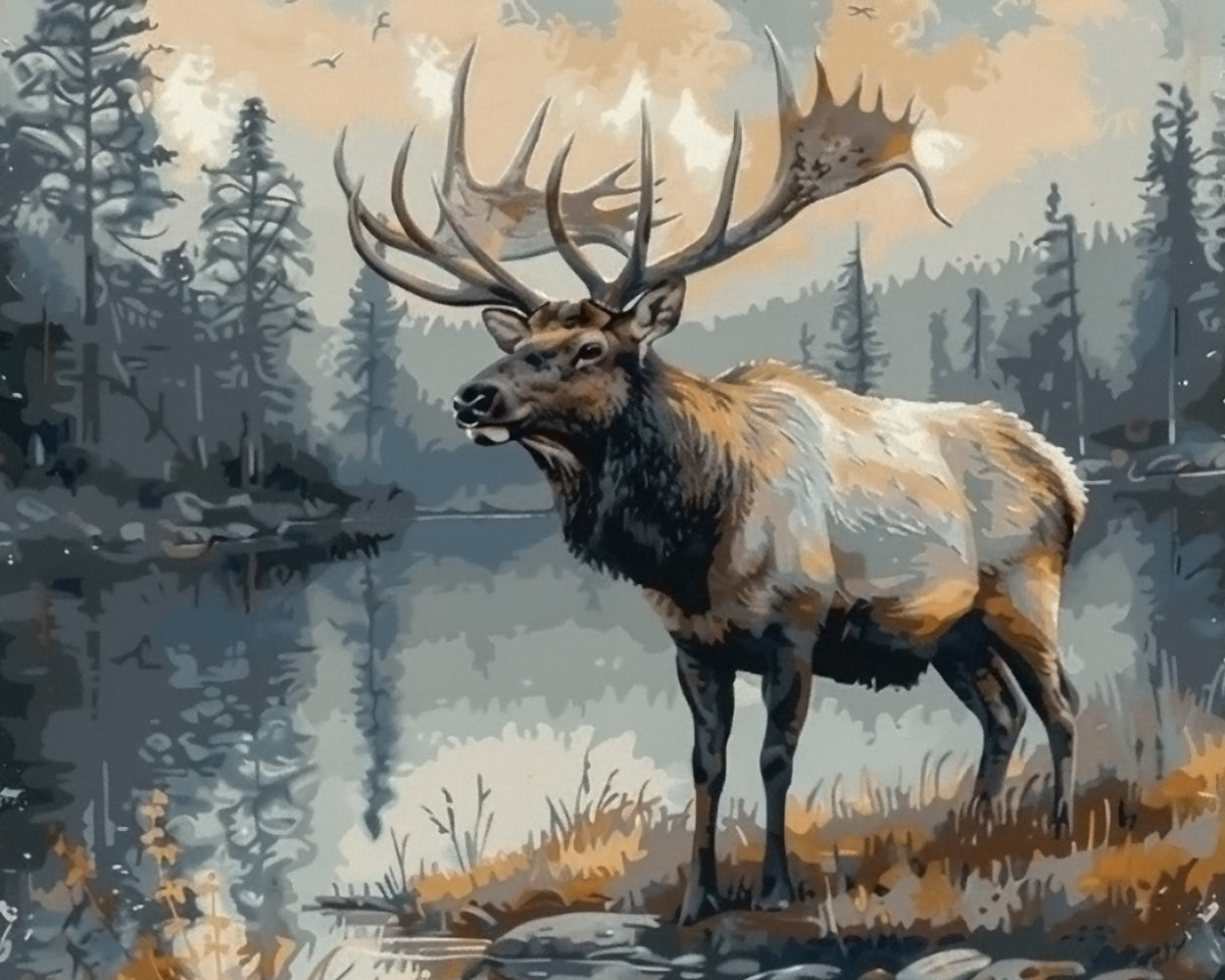 Majestic bull elk by the lake cross stitch kit for beginners