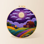 Majestic full moon and purple barn needle felting kit for beginners with a round wooden frame