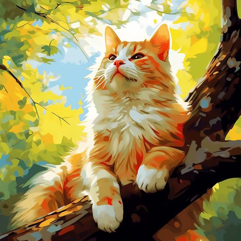 Majestic ginger cat on sunlit branch cross stitch kit for beginners