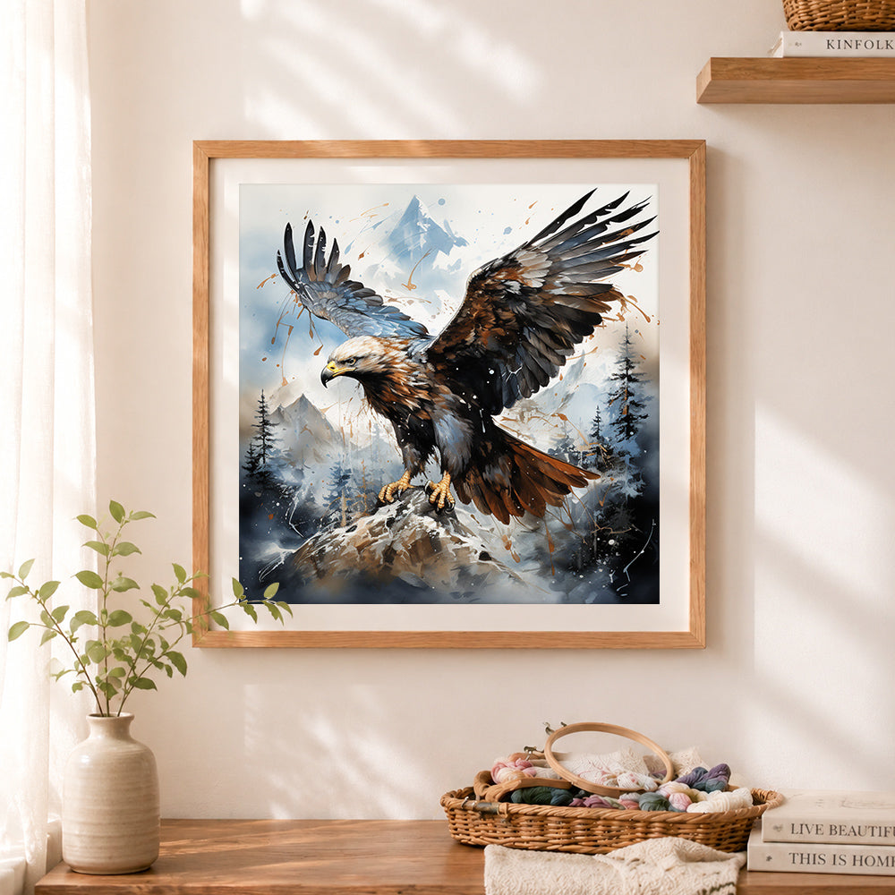 Finished majestic golden eagle over snowy peaks cross stitch artwork displayed as home decor