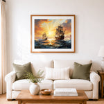 Finished majestic historic sailing ships in golden sunlight cross stitch artwork displayed as home decor