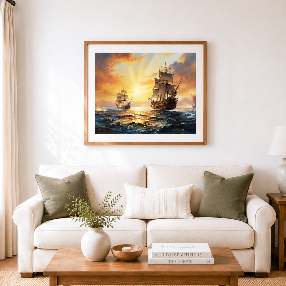 Finished majestic historic sailing ships in golden sunlight cross stitch artwork displayed as home decor