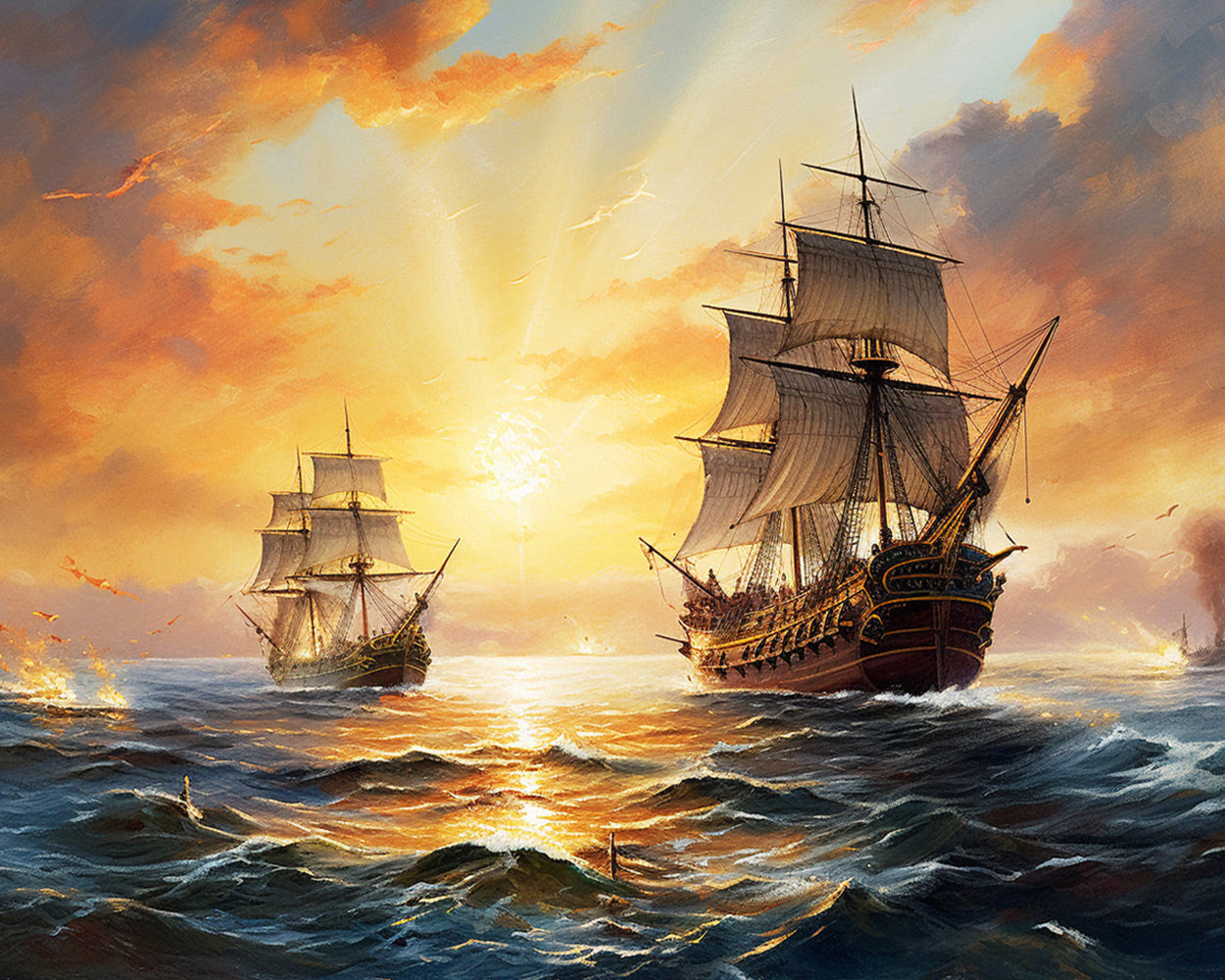 Majestic historic sailing ships in golden sunlight cross stitch kit for beginners