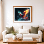 Finished majestic ice‑fire phoenix cross stitch artwork displayed as home decor