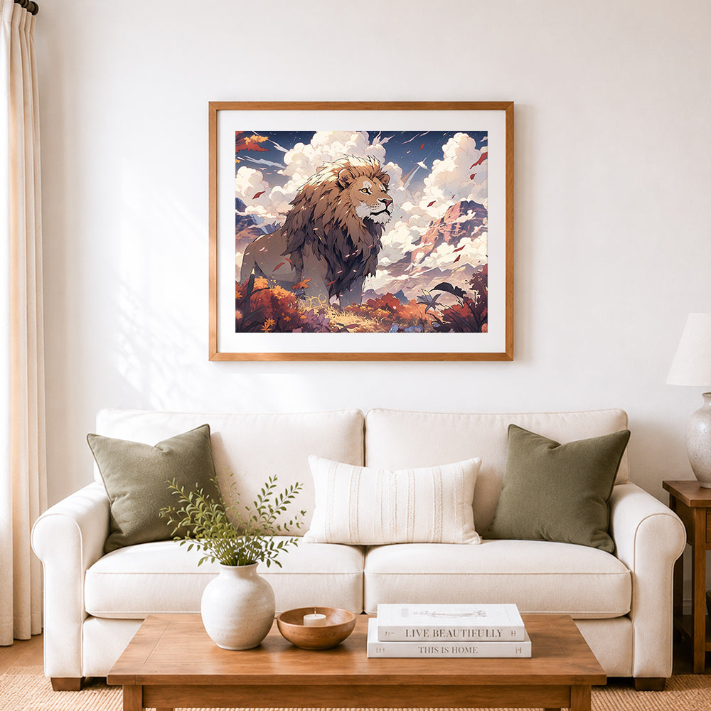 Finished majestic lion on mountain cross stitch artwork displayed as home decor