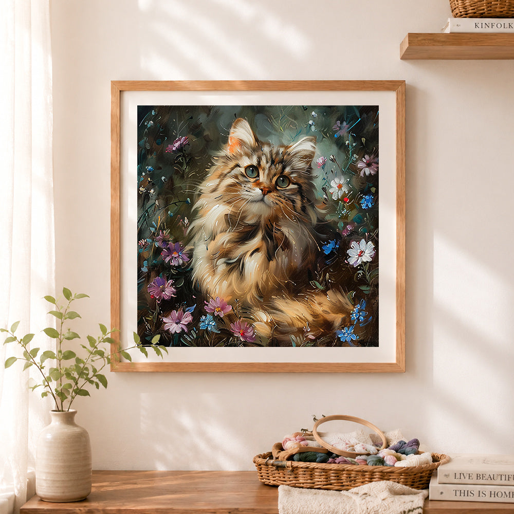 Finished majestic long-haired cat in wildflowers cross stitch artwork displayed as home decor