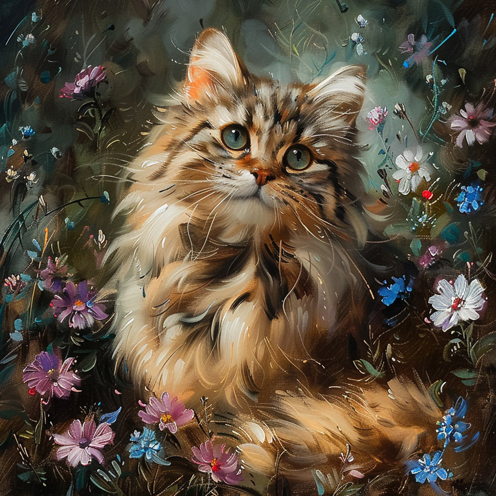 Majestic long-haired cat in wildflowers cross stitch kit for beginners