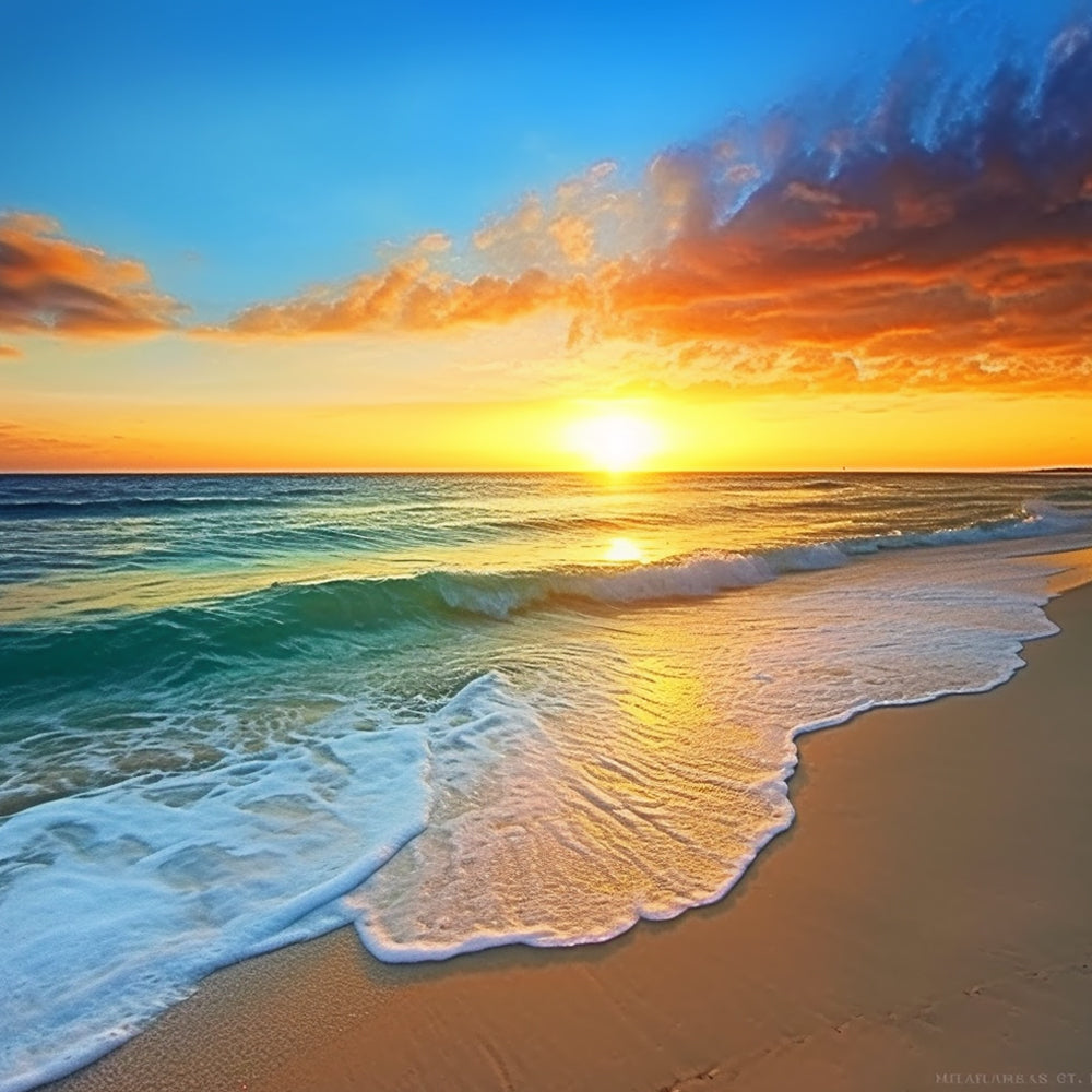 Majestic orange sunset over rolling ocean waves cross stitch kit for beginners
