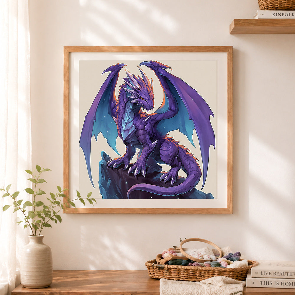 Finished majestic purple dragon on cliff cross stitch artwork displayed as home decor