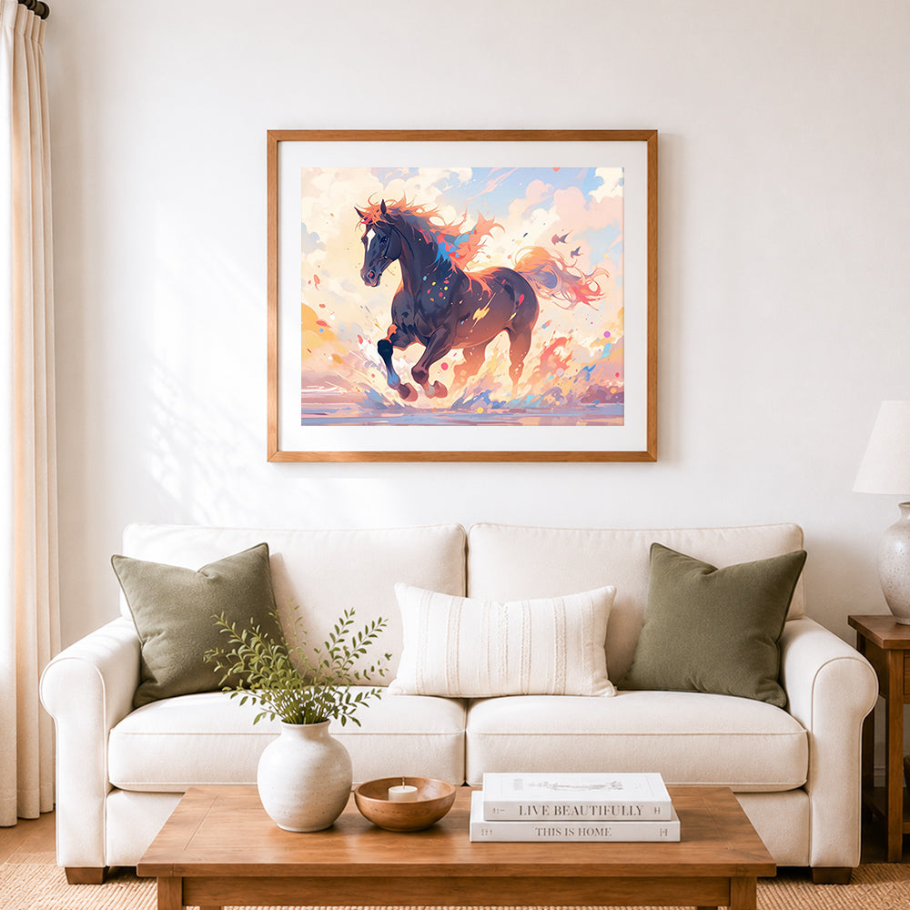 Finished majestic running horse in watercolor splash cross stitch artwork displayed as home decor