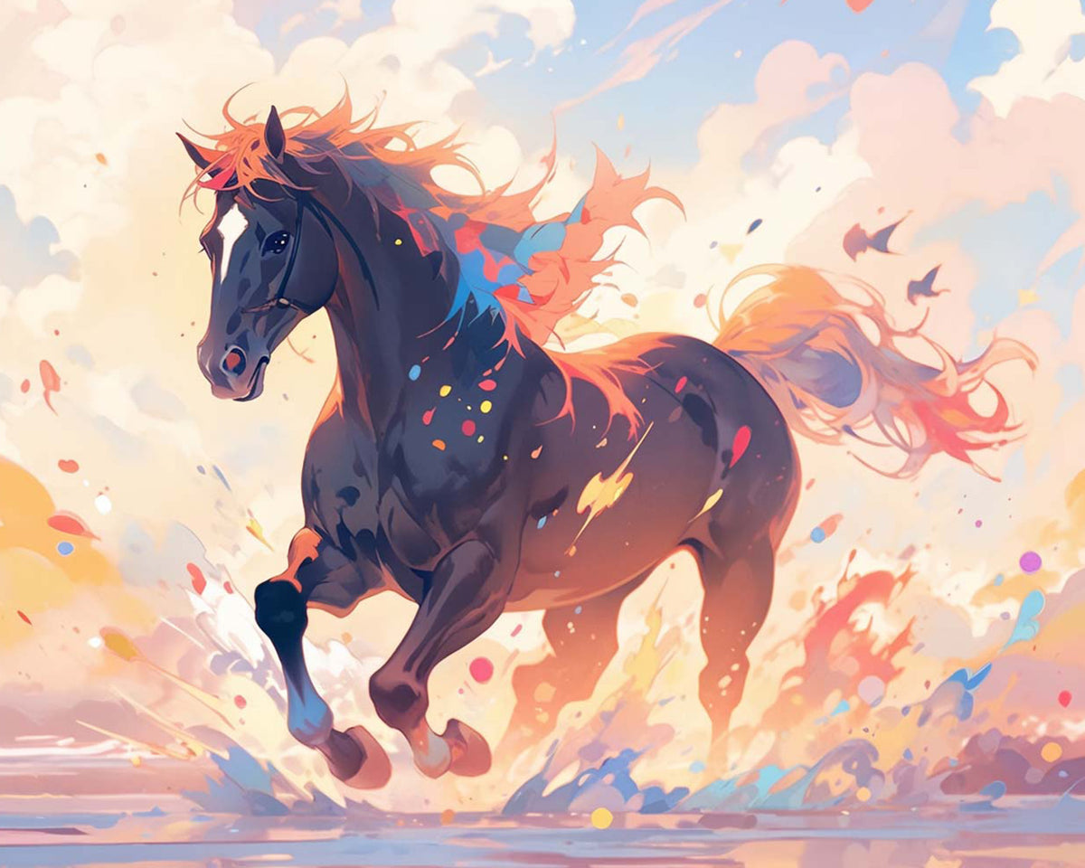 Majestic running horse in watercolor splash cross stitch kit for beginners