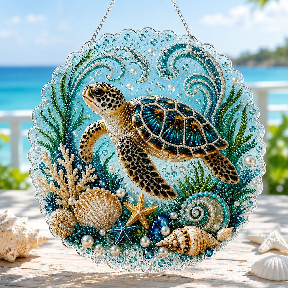 Finished majestic sea turtle pearl diamond painting artwork displayed as home decor