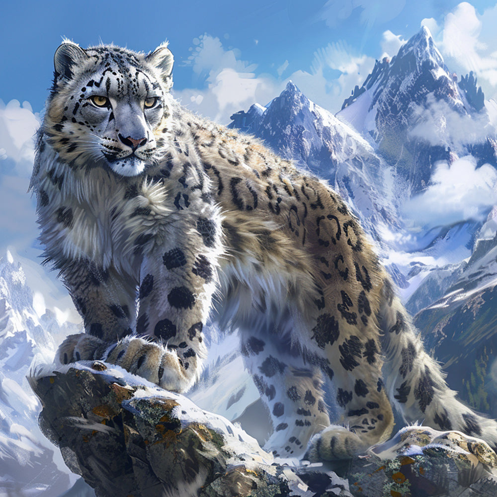 Majestic snow leopard on mountain peak cross stitch kit for beginners