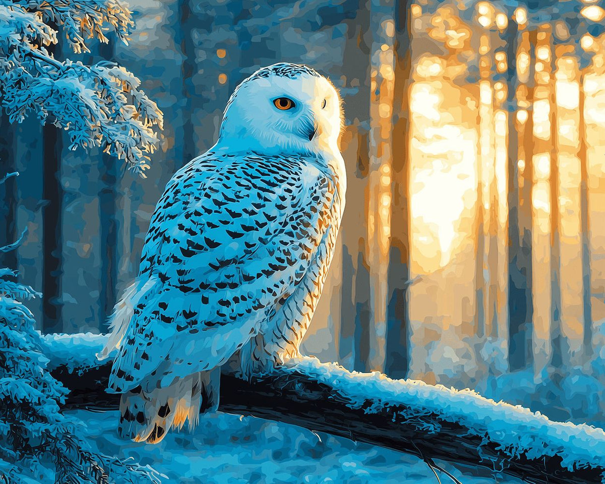 Majestic snowy owl in golden winter forest cross stitch kit for beginners