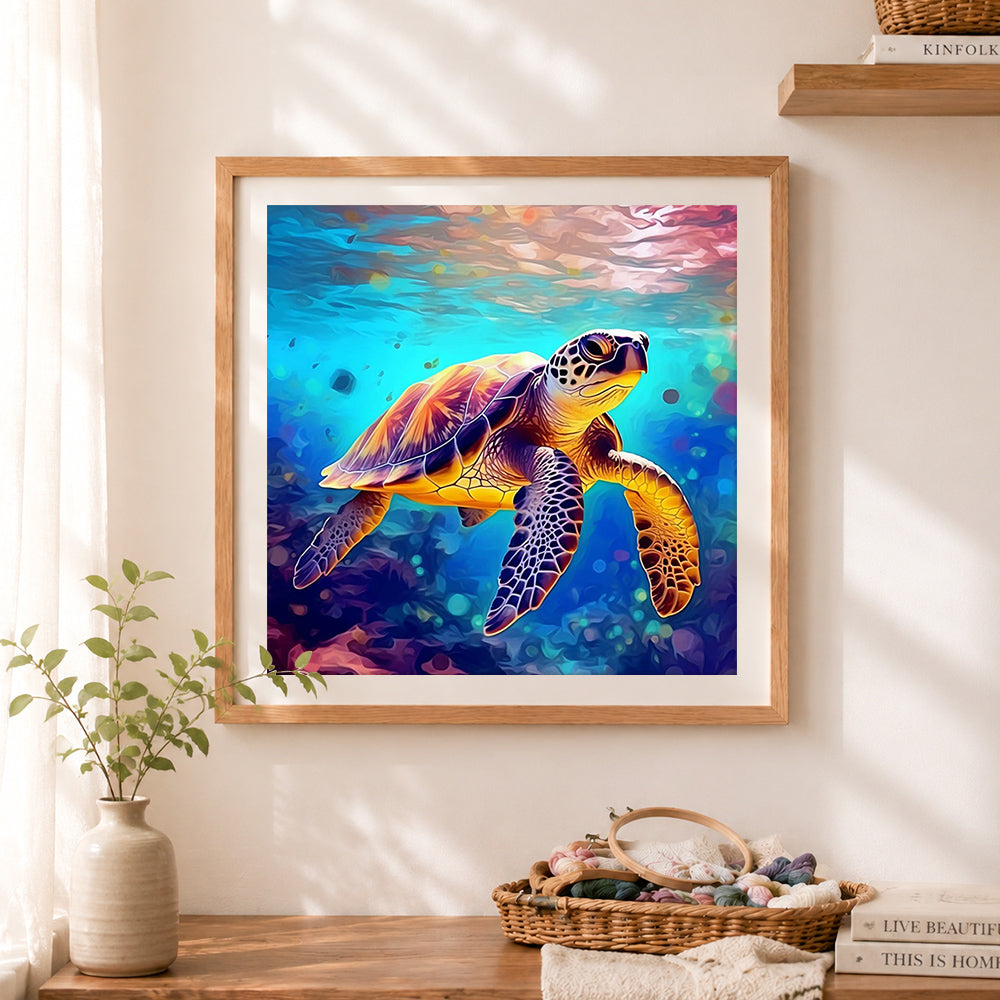 Finished majestic turtle swimming in deep blue sea cross stitch artwork displayed as home decor